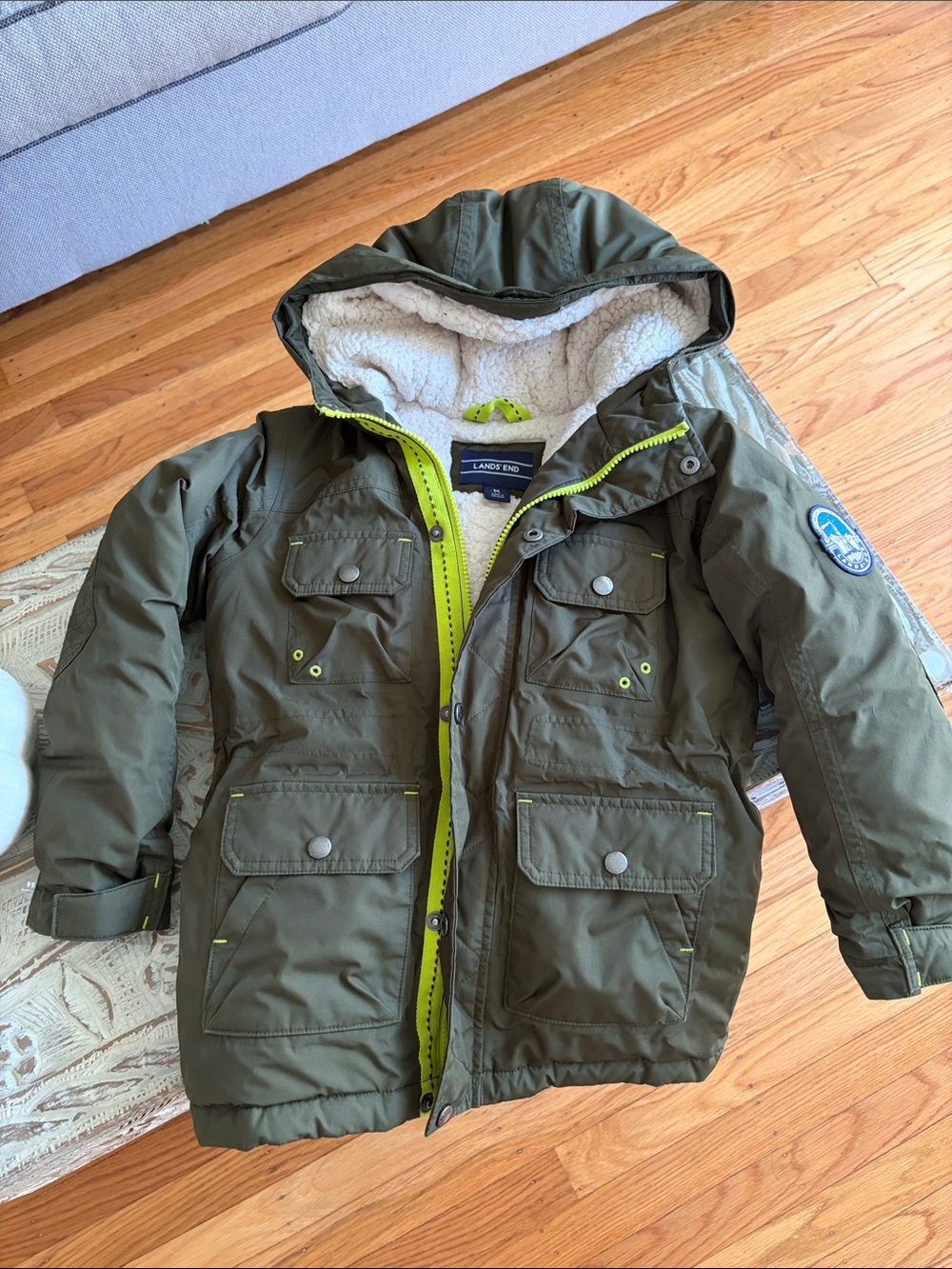 Lands' End Olive Green Kids Hooded Puffer with Sherpa Lining